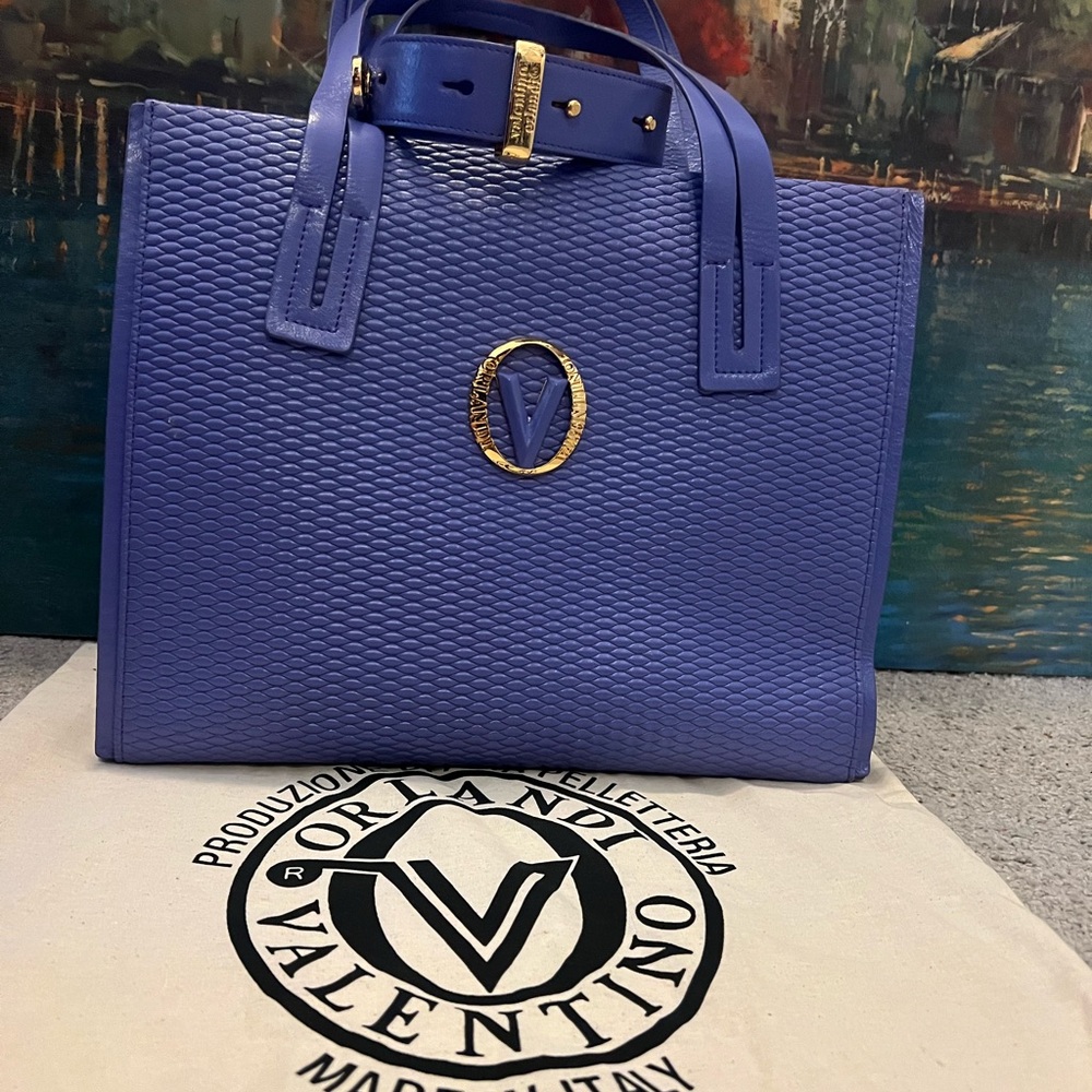 Valentino Blue Textured Tote with Gold Emblem
